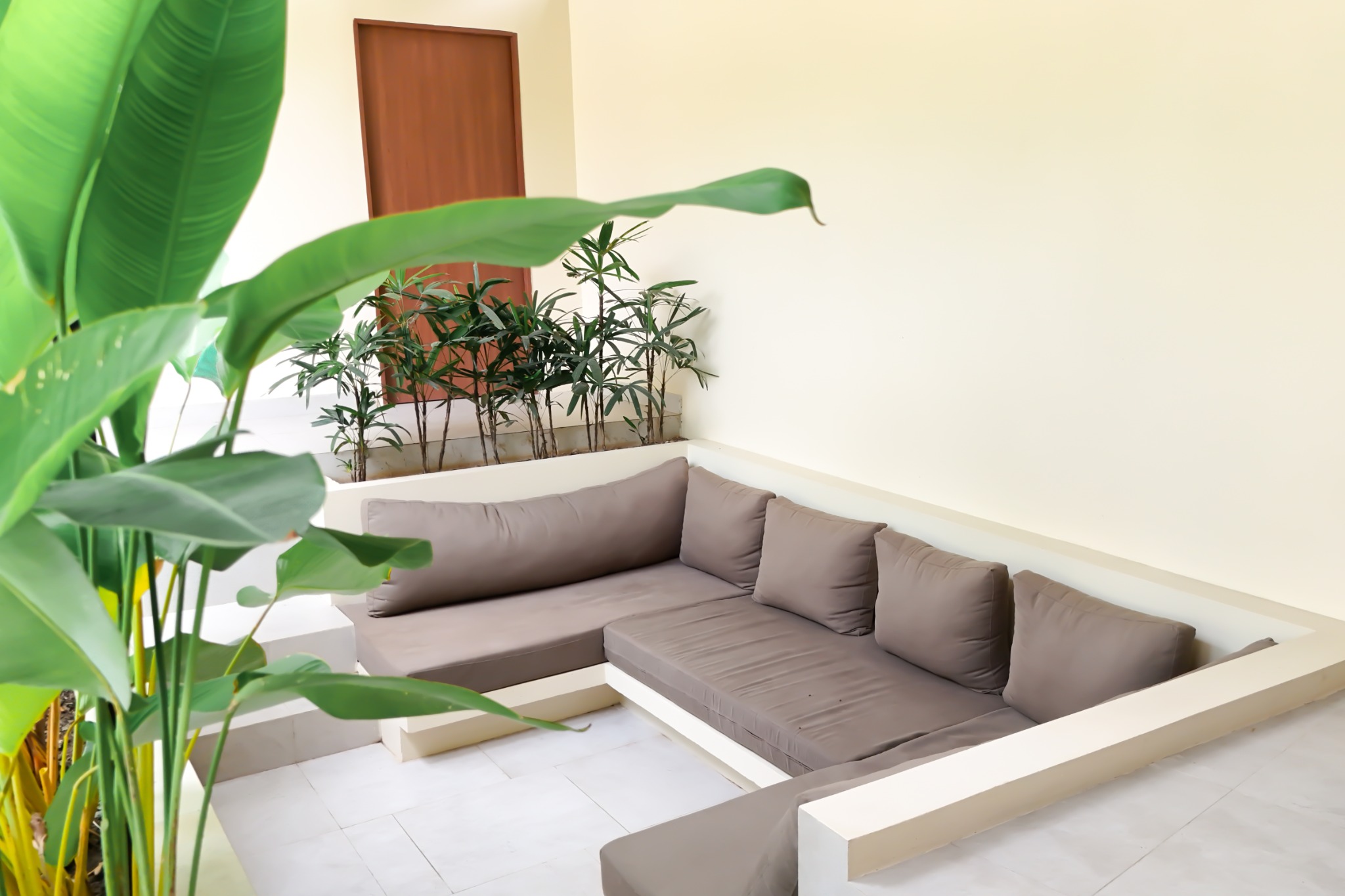 Garden lounge framed by tropical plants